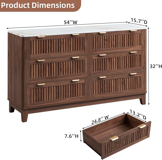 Fluted 6 Drawers Dresser for Bedroom - 54" Large Storage Dresser, Farmhouse Dressers with Faux Marble Top, Modern TV Stand & Chests of Drawers for Living Room Entryway,Walnut