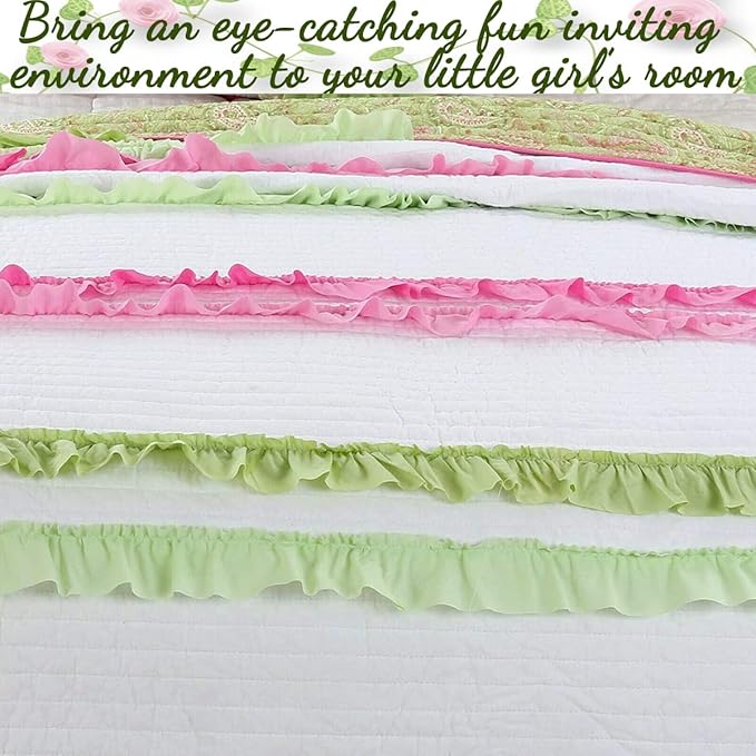 Cozy Line Home Fashionsn Chic Ruffles Pink Green Girl 100% Cotton Reversible All-Season Coverlet, Bedspread, Quilt Bedding Set (Charlotte, Queen)