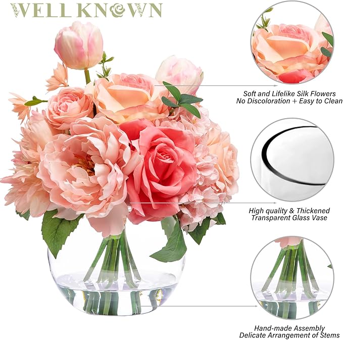 Artificial Flowers in Vase with Fake Water, Silk Tulips Peony Rose Flowers Bouquet with Glass Vase for Home Birthday Party Wedding Dinning Table Centerpieces Office Hotel Decor Gift (Peach Pink Mixed)