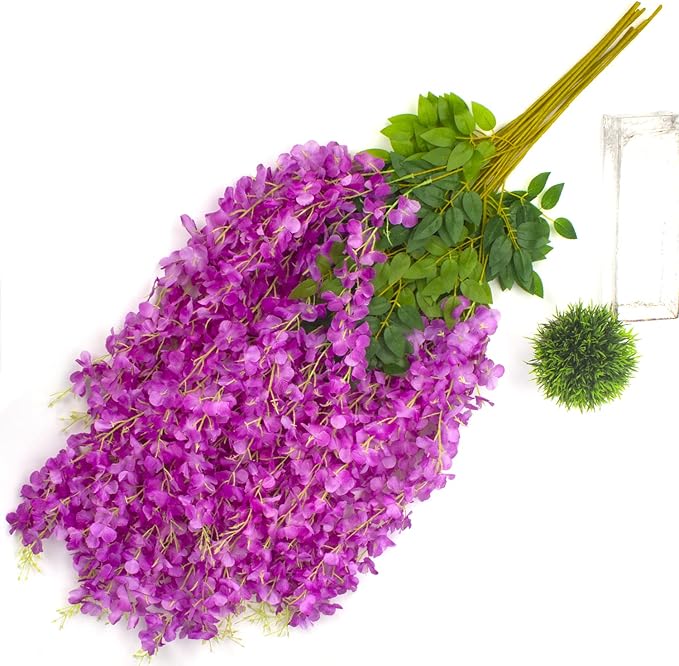 12 Pack Artificial Flowers Silk Wisteria Vine Ratta Hanging Flower (Purple)