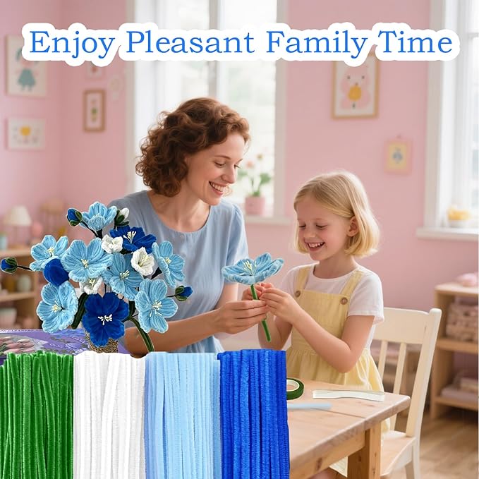 Pipe Cleaners Flower Craft Kit,Chenille Stems Craft DIY Bouquet Making Set with Floral Wires, Gardening Tape, Stamens & Ribbon for Home Decor-Holiday Decorations,Gifts - 400 Pcs (Blue)