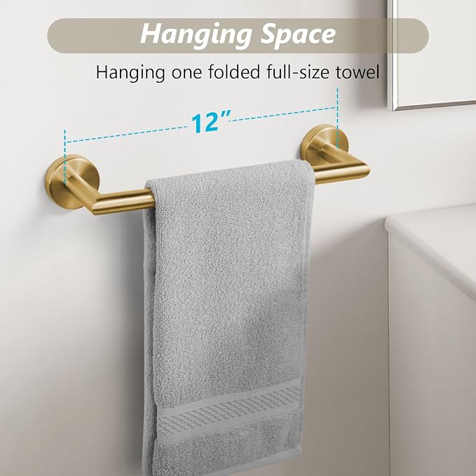 JunSun Bathroom Towel Bar 12 Inch Brushed Gold Towel Racks Wall Mount Bath Hand Towel Holder Modern Home Decor Towel Rod Bathroom Hardware Stainless Steel Towel Hanger Gold Towel Rail Single Towel Bar
