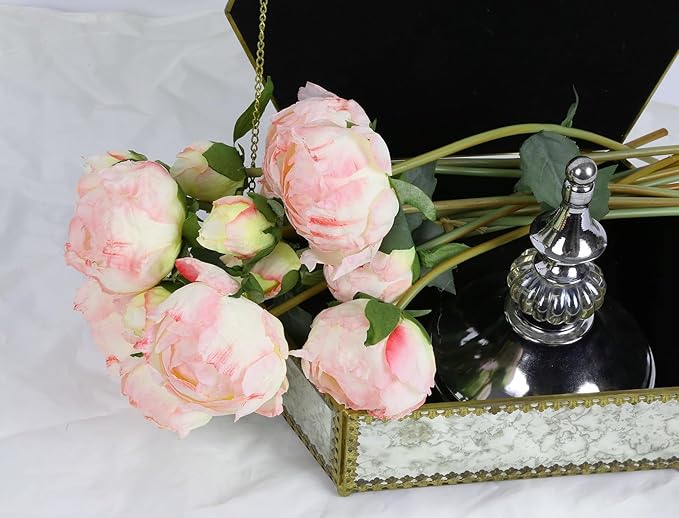 IPOPU Pink Peonies Artificial Flowers 2 Bouquets Silk Peonies with Stems Real Look 14PCS Fake Pink Flowers Centerpieces for Tables Wedding Bouquet Faux Flowers Crafts Floral Arrangement