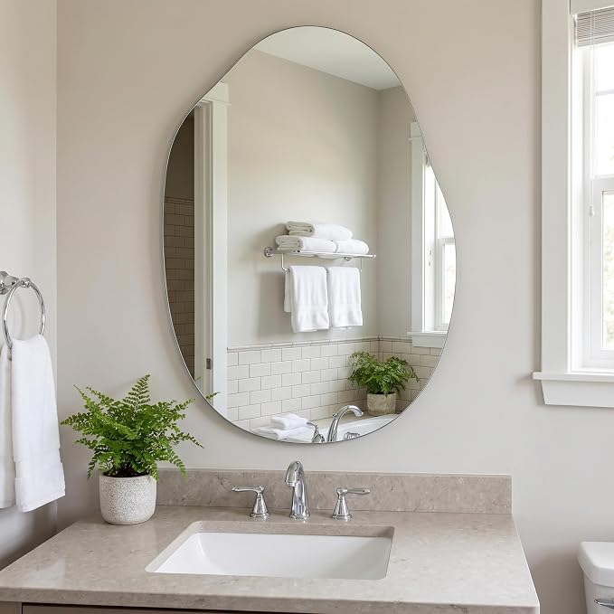 BEAUTYPEAK Asymmetrical Mirror, 22 x 32 Inches Irregular Wall Mirror, Wood Frame Unique Shape Wall Mounte, Decorative for Living Room Bedroom Entryway Hallway
