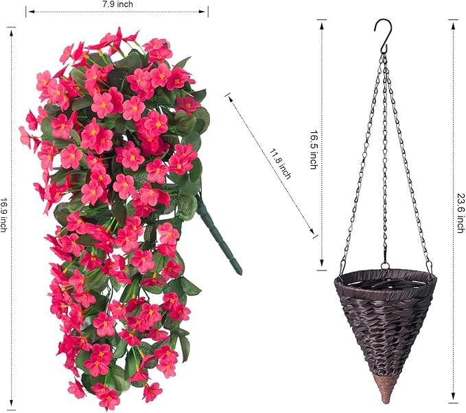 Artificial Fake Hanging Flowers Plants Baskets for Outdoor Outside Porch Decoration, Faux Silk Hotpink Realistic UV Resistant Orchid Long Vines in Planter for Spring Summer Home Patio Balcony