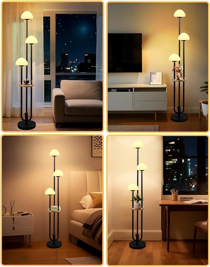Black Dimmable Floor Lamp with Table, Modern Floor Lamps with Mushroom Shades for Living Room, 3000K Warm White Tall Standing Lamp with Bulbs& 5Lbs Heavy Base for Bedroom/Office