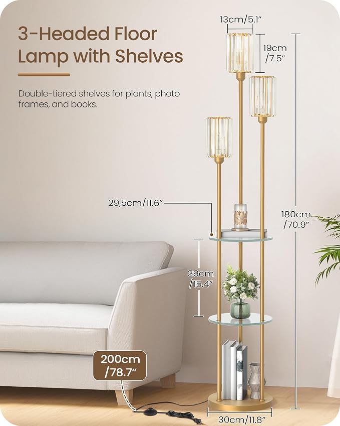 Gold Floor Lamp with Shelves, Modern Floor Lamp with 3 Crystal Shades and Foot Switch, 3-Light Standing Lamp with 3 Shelves, for Living Room, Bedroom, Study, Office, Gold D53LD05