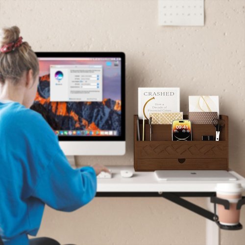 Bamboo Mail Organizer by [Brand Name] - All-in-One Desktop File Organizer with Drawer & Pencil Holder (Walnut)