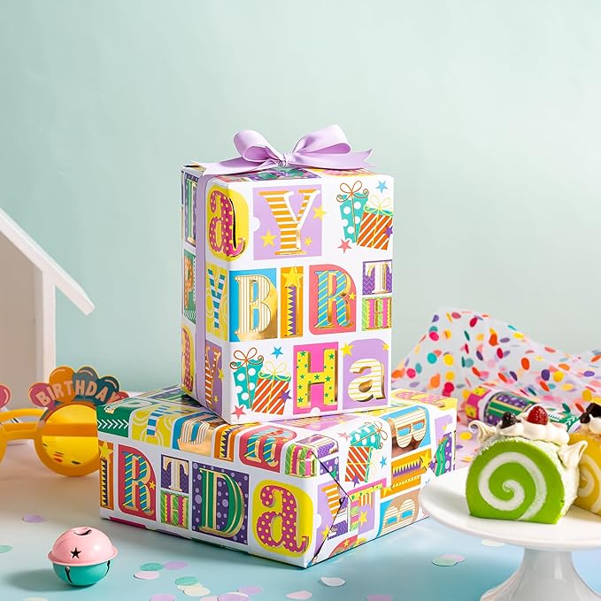 WRAPAHOLIC Birthday Wrapping Paper - Mini Roll - 17 Inch x 16.5 Feet - Colorful Gold Foil Happy Birthday Wrapping Paper for Kids, Girls, Women, Baby Shower, Wedding, Bridal Shower