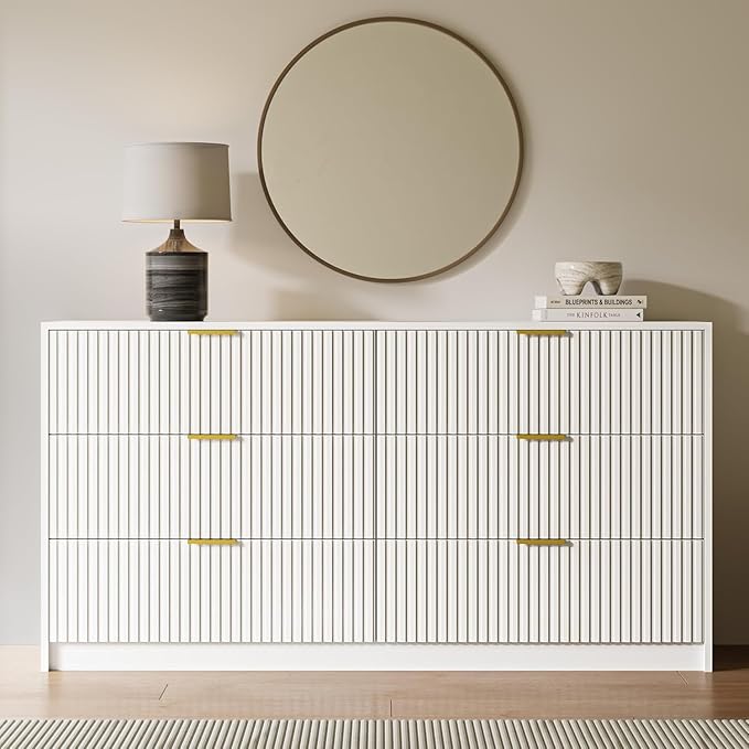 3-Piece Dresser Bedroom Set, 6 Drawer Dresser & 3 Drawer Nightstands with Gold Handles, Fluted Wood Chest of Drawers for Bedroom, Living Room, Entryway, White