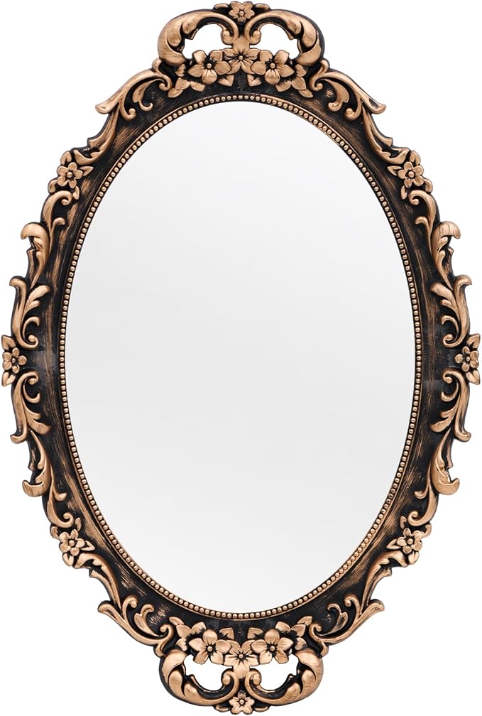 Tstarer Vintage Decorative Gold Framed Mirror, Wall Hanging Mirrors & Tabletop Tray for Bedroom Living Room Dresser Decor, Oval- 9.6" W x 14.3" L (Bronze)