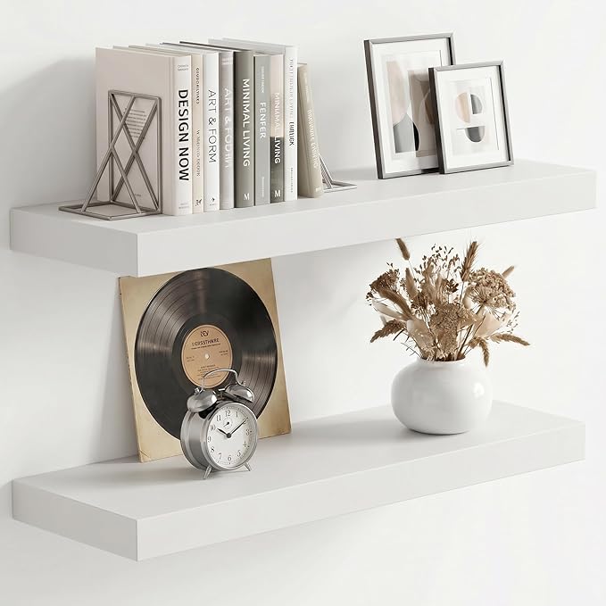 fuqing 20 Inch Floating Shelves | 6.7 Inch Deep White Shelves for Wall Set of 2 | 20''W x 6.7''D x 1.4''H White Wood Shelves for Living Room Bathroom Bedroom Kitchen Home Office