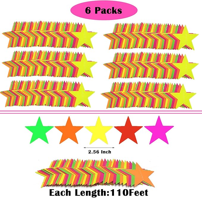 110feet UV Star Paper Neon Garland Streamers Black Light Decorations for Dark Glow Party UV Reactive Party Favors Glow in The Dark Supplies Wedding Birthday Banners