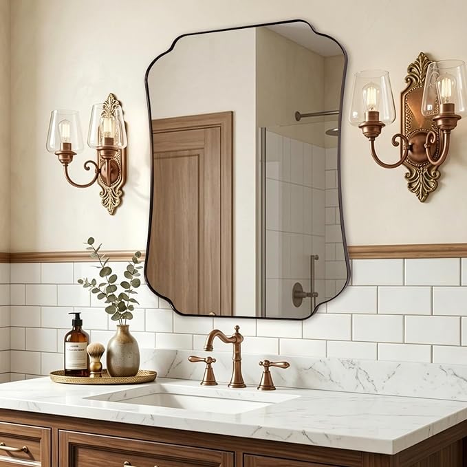 ANDY STAR Bronze Bathroom Mirror 24x32 Inches, Small Ornate Scalloped Wall Mirror with Distinctive Notched Edge Stainless Steel Frame for Hallway, Lounge and Vanity Area