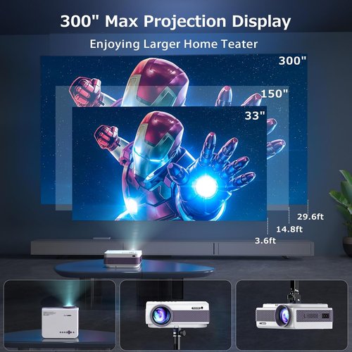 FUDONI 1080P WiFi Bluetooth Projector - Full HD Portable Outdoor Movie Projector | Built-in Speaker, Max 300" Screen