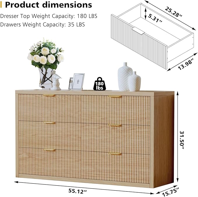 55.12" Modern Chest of Drawer, 6 Deep Drawers,Clothes Organizer,Large Storage Cabinet for Living Room, Bedroom,Dresser TV Stand, Wood Drawer Organizer for Living Room, Hallway, Lumber