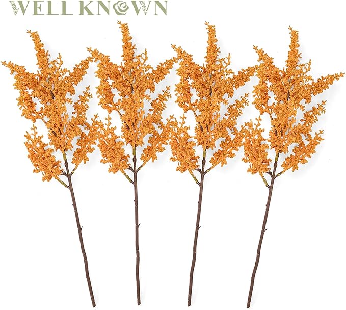 WELL KNOWN 4 Pcs Glitter Artificial Cedar Spray 19.5" Orange Floral Picks Faux Cedar Pine Branches Stems, Orange Floral Arrangements for Home Vase Wedding Wreath Xmas Tree Holiday Decoration Gift