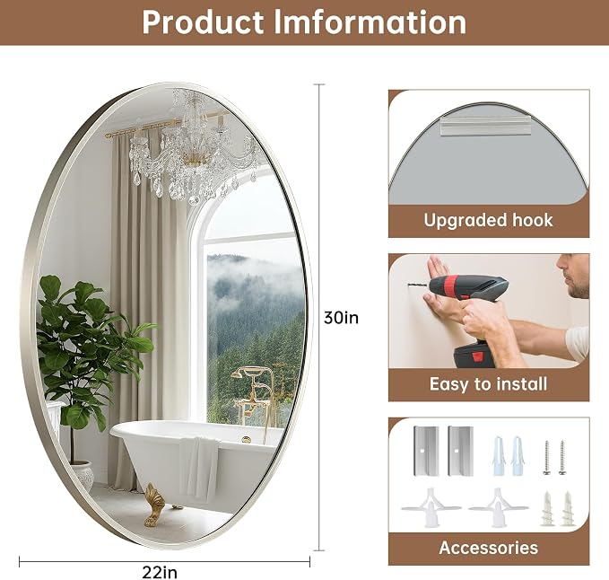 Oval Wall Mirror, 22"x30" Brushed Nickel Vanity Mirror, Bathroom Mirror of Metal Frame, Home Decorative Wall Mounted Mirror for Bathroom, Living Room, Entryway, Vanity
