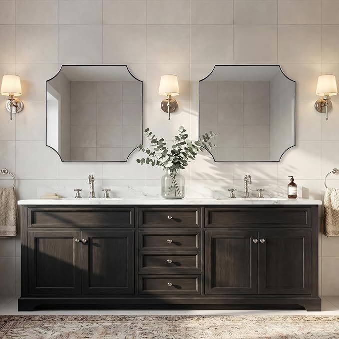 ANDY STAR 30"x30" Chrome Bathroom Mirror, Square Vanity Mirror, Scalloped Wall Mirror in Rustproof Stainless Steel Thin Frame, Aesthetic Scalloped Corner Design, Ideal for Bathroom Remodel