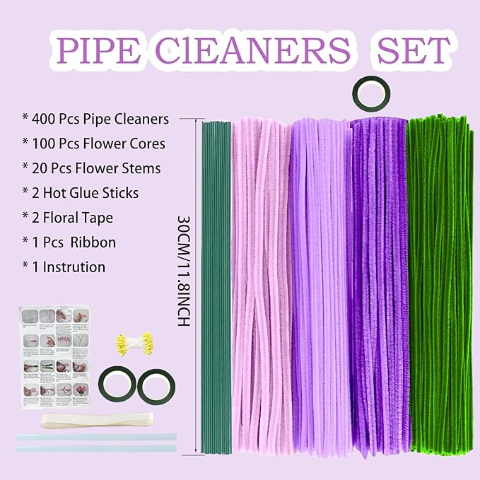 Pipe Cleaners Flower Craft Kit,Chenille Stems Craft DIY Bouquet Making Set with Floral Wires, Gardening Tape, Stamens & Ribbon for Home Decor-Holiday Decorations,Gifts - 400 Pcs(Purple)