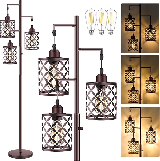 Dimmable Floor Lamp, Farmhouse Standing Lamp with Elegant Metal Cage, Industrial Tall Tree Floor Lamps for Living Room, Bedroom, Study Room, Office, 2000LM LED Bulbs Included - 68", Brown