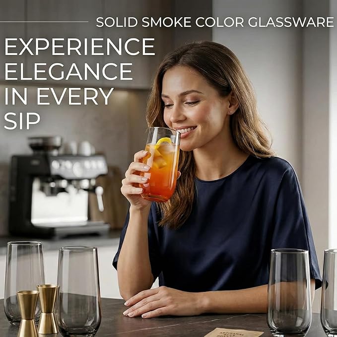 Amber Drinking Glasses Set of 6 | Translucent Yellow Glassware | 16 oz Amber Glass Cups | Highball Drinkware for Cocktails, Long Drink, Mojito, Juice, Soda | Modern Sun-Tinted Drinkware