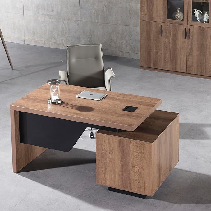 Modern Executive Desk, Rectangle Office Desk with Storage Cabinet, Width Adjustable Standing Desks, Stand Under Table Storage Organizer, Wood