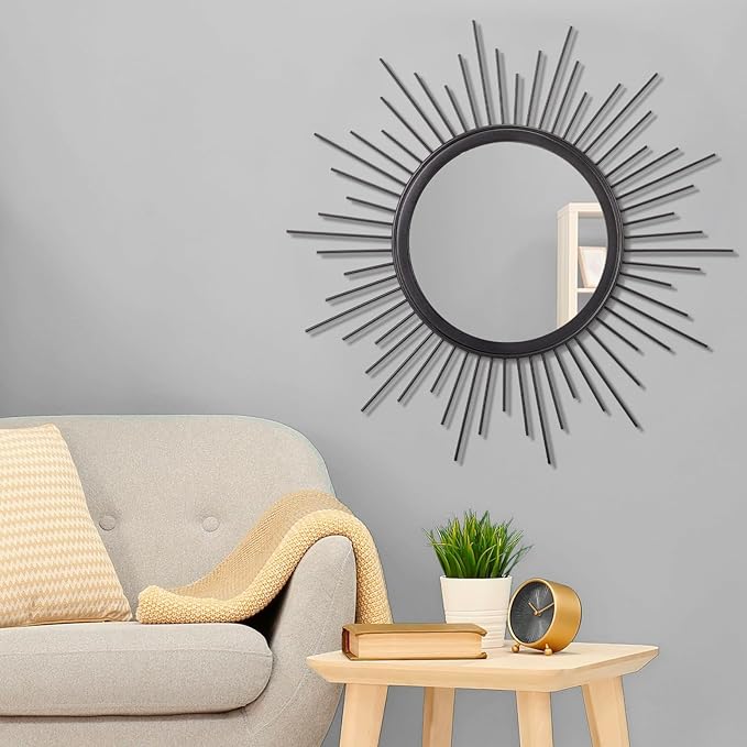 Sunburst Wall Mirror, Black Large Spoked Wall Decor Mirror Bohemian Home Round Modern Metal Wall Art Mirror for Living Room Hallway Bedroom Bathroom 24" x 24"