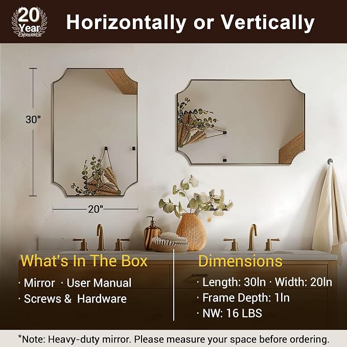 ANDY STAR 20"x30" Gold Scalloped Mirror, Mirrors for Bathroom, Champagne Bronze Vanity Mirror with Scalloped Corners Design, Rustproof Stainless Steel Thin Frame, Ideal for Narrow Bathroom Remodel
