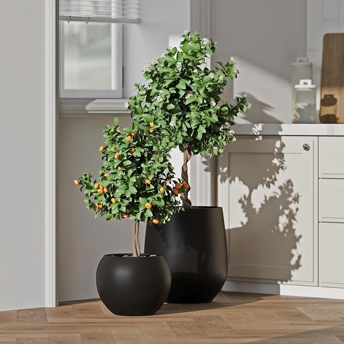 DTY Signature Mount Sherman Modern Indoor Outdoor Fiberstone Sphere Planter, Durable Round Garden Pot, Weather Resistant, Drainage Hole & Rubber Plug, Planter for Christmas Tree - Large, Black