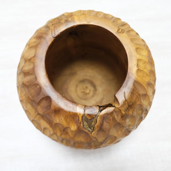 Teak Wooden Handcrafted Pot 9.5" x 9.5" x 7.1"H Natural Wood Round Vase Handmade Rustic Flower Holder for Entry Table Brown Stain Vintage Artworks Planter Living Room Home Christmas Décor