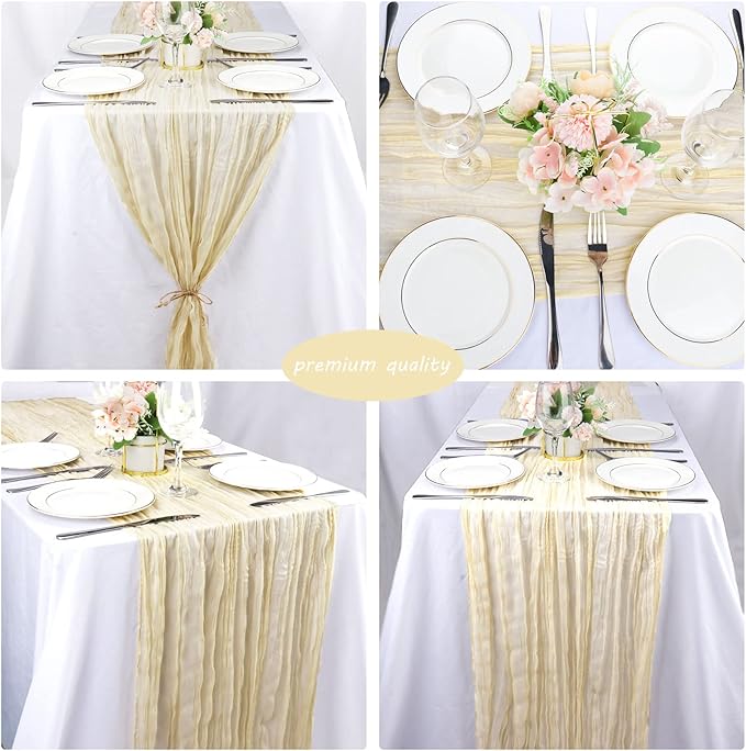 12 Pack 10Ft Cheesecloth Table Runner 35x120 Inch Boho Gauze Rustic Cheese Cloth Long Romantic Table Runner for Wedding Bridal Shower Birthday Party Table Decor (Beige)