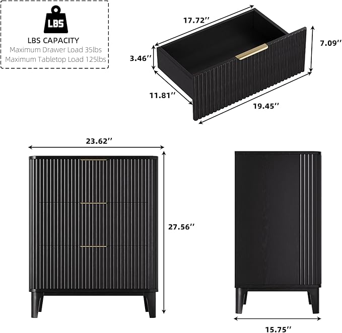 3 Drawer Fluted Dresser for Bedroom, Modern Closet Dressers Chest of Drawers, 23.6" Rustic Wood Nightstand 3-Drawer Dresser Bedside Table, Curved End Table with 3 Large Drawers for Living Room Black
