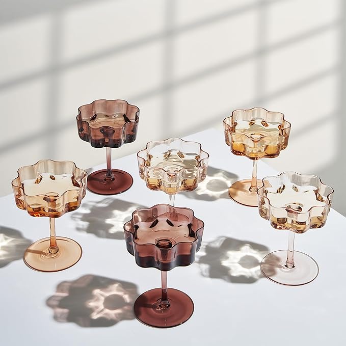Venus Flower Scalloped Vintage Wavy Petals Wave Glass Coupes 7oz Colorful Martini, Champagne & Cocktails, 6 Set Brown Amber Shades Rippled Champagne Glasses, Elegant Bar Glassware, Aesthetic Coupe