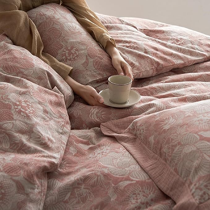 Blush Pink Floral Duvet Cover Queen Vintage Pink Flower Jacquard Comforter Cover with Edge Design Linen Cotton Yarn-Dyed Textured Flower Duvet Cover Breathable Comfy Cottagecore Bedding Set Queen