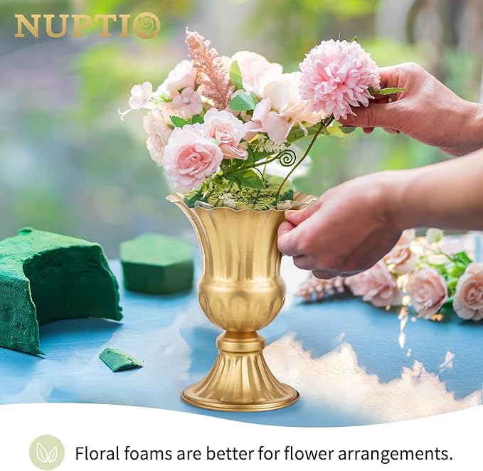 Nuptio Gold Vases for Centerpieces Wedding - 2 Pcs 9in Height Metal Urn Planter Elegant Wedding Centerpieces for Tables - Trumpet Vase for Weddings Party Decoration Centerpiece Table Decorations