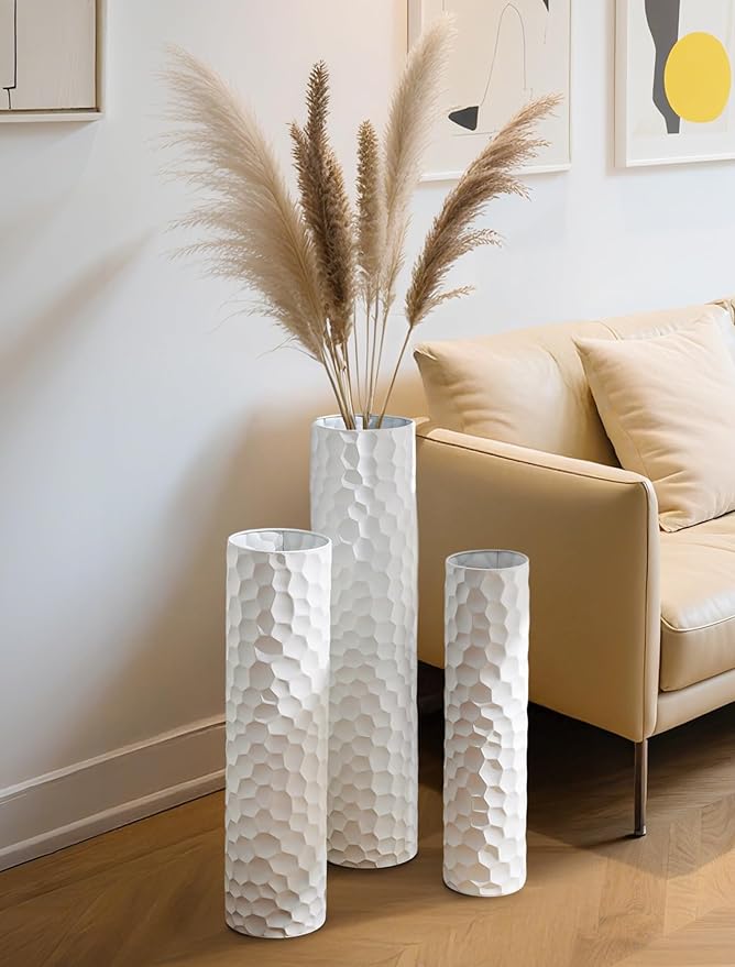 Sziqiqi Tall Vases Floor Standing: White Extra Large Floor Vase for Living Room 27.6/21.7in - Metal Tall Flower Vase for Pampas Grass - Modern Home Decor for Bedroom Office Hallway Corner