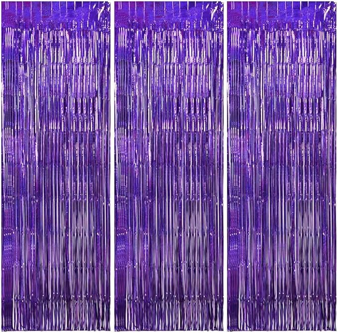 TONIFUL 3Pcs Laser Purple Door Streamers,Laser Purple Photo Booth Backdrop Metallic Streamers Foil Fringe Curtains for Halloween,Birthday,Christmas,New Year,Bachelorette,Grad Party(9.9ft x 6.6ft)
