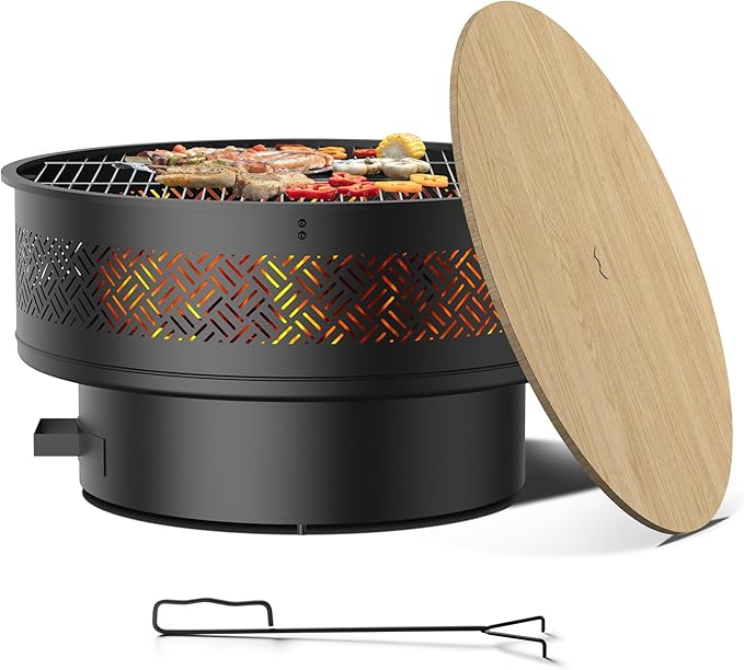 32" Fire Pits with Cooking Grill, Outdoor Fire Pit with Lid & Fire Poker, Fire Pit Table for Outside Wood Burning Firepit Round Heavy Duty Firepit for BBQ, Table, Picnic, Camping, Bonfire Party