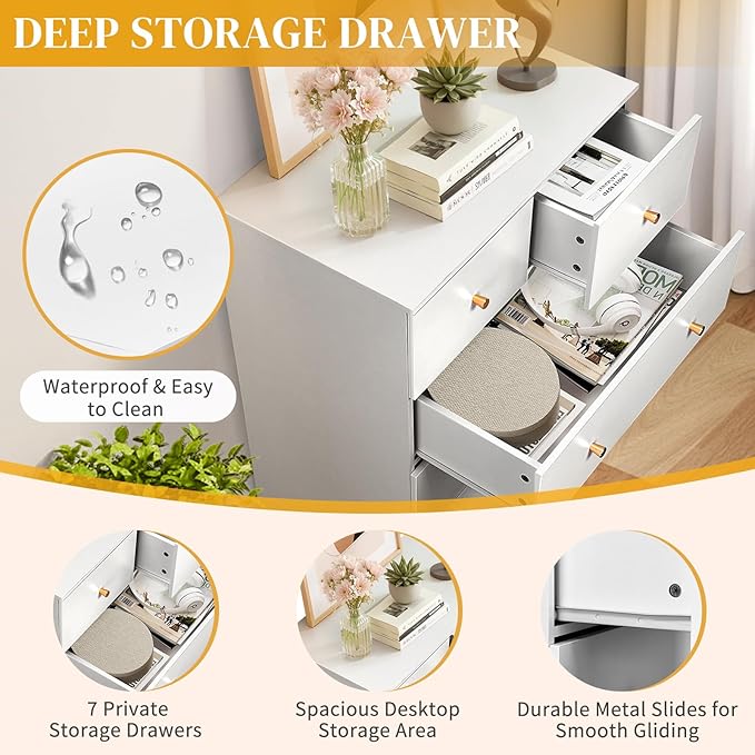 Karl home White 7 Drawer Dresser for Bedroom, Tall Dresser Chest of Drawers, Rustic Wood Bedroom Dressers Clothes Organizer, Anti-Tipping Device, Rose Gold Metal Handle, Living Room, Entryway, Office