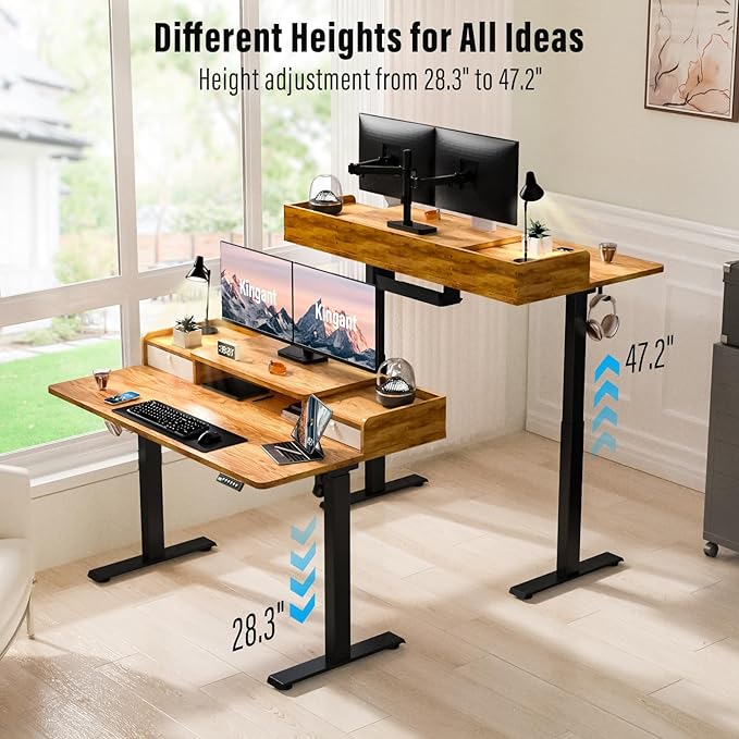 Kingant 48" x 30" Standing Desk with Drawers, Large Desktop, Ergonomic Sit Stand Desk for Home Office Work, Cable Management, 3 Preset Heights & 2 Hooks, Light Rustic