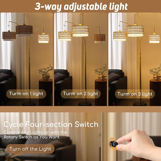 Arc Floor Lamp for Living Room, 80 Inch Gold Rattan Floor Lamp with Rotary Switch, 3 Lights Boho Tall Lamp with Wicker Shade for Coastal,Bohemian,Tree Farmhouse Standing Lamp