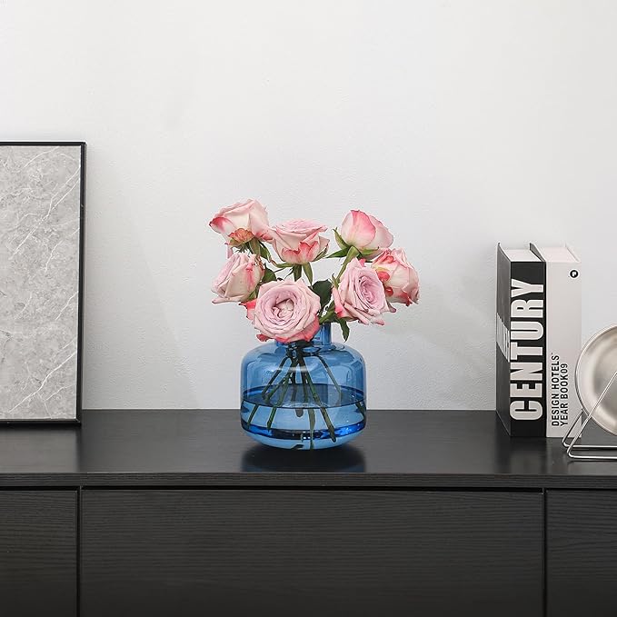 Short Glass Vase, Blue Glass Vase, Short Flower Vase, Round Glass Vase, Small Glass Vases for Flowers, 6 Inch Glass Flower Vases for Living Room, Dining Table, Wedding, Bookshelf, Office Decor