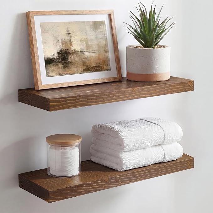Homeforia Classic Walnut 18 inch Floating Shelf, High End Solid Real Wood Small 18inch Floating Shelves for Wall Mounted, 18in Floating Shelves, Heavy Duty Bracket, 18 X 6.5 X 1.75 inches, Set of 4