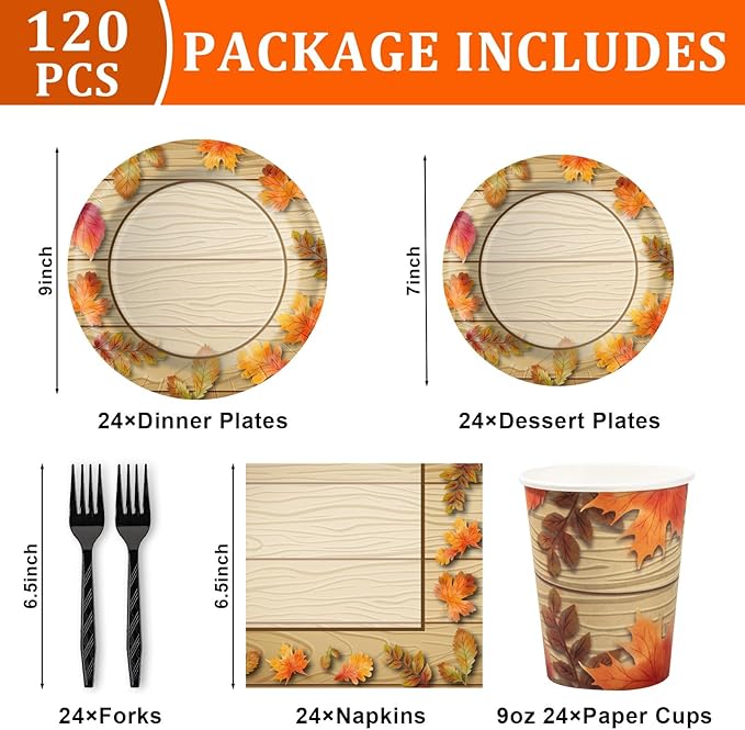 Fall Thanksgiving Birthday Party Plates and Napkins Decorations Kit, Wooden Grain Maple Leaf Tableware Supplies for Birthday Leaves Favors Party Decor Service 24 Guests