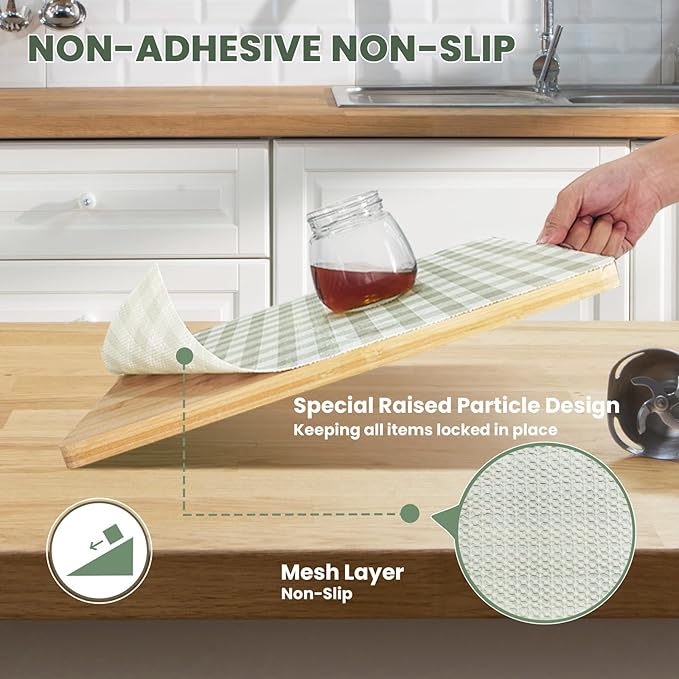 Drawer Liner and Shelf Liner for Kitchen Cabinet Liner Non-Adhesive Non-Slip Shelf Paper, Thick Strong Grip Waterproof Easy to Clean for Shelves, Cupboard, Desks, Green Plaid Pattern, 17.5 in x 10 FT