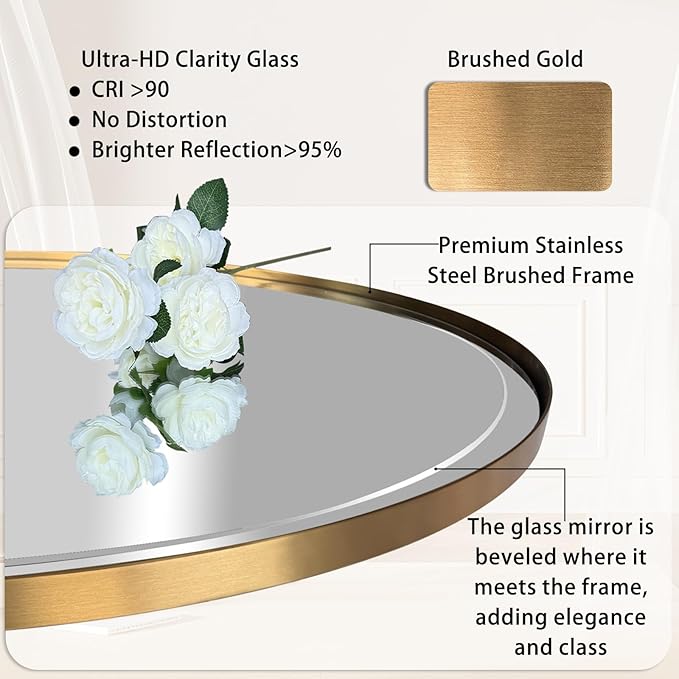 POZINO Gold Beveled Mirror, 28"x48" Modern Rounded Rectangle Mirrors, Large Brass Oval Mirrors, Oblong Vanity Wall Mirror for Bedroom Living Room Entryway Fireplace, Hangs Horizontal Or Vertical