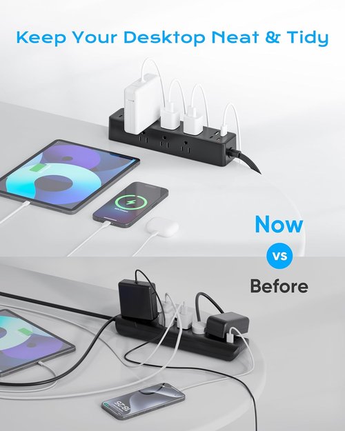 **Skiennix Flat Plug Desk Clamp Power Strip - 15FT Fast Charging Station with 9 AC Outlets & 8 USB Ports**