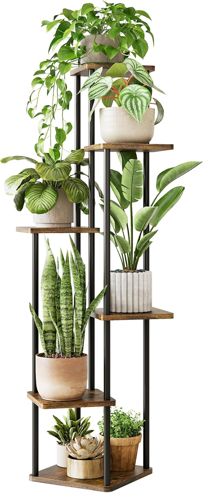 GENTINGBRO Corner Plant Stand Indoor 6 Tiered Plant Shelf for Multiple Plants Tall Plant Stand Shelf Wood Plant Stands Metal Shelving for Living Room Bedroom Balcony Brown Oak