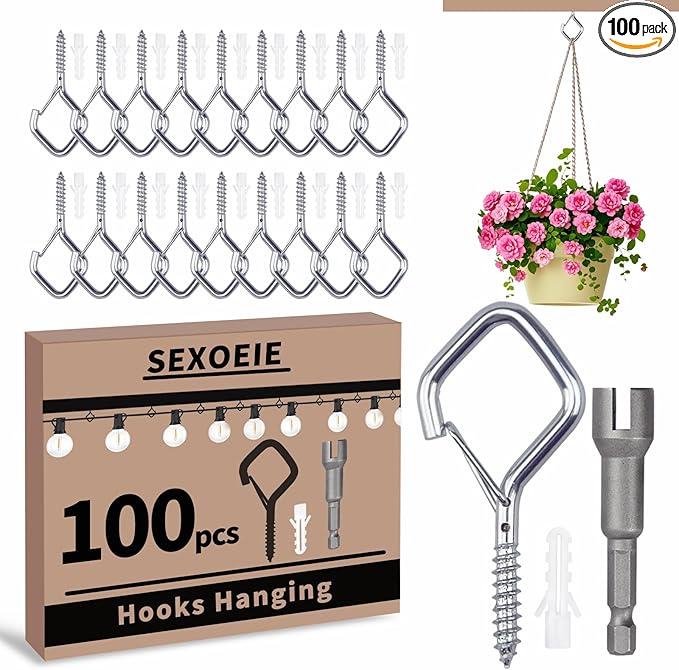 Sexoeie 100 PCS Silver Eye Screw Hooks for Hanging Heavy Duty with Safety Buckle.Metal Ceiling Hooks for Hanging Plants Cup Wind Chime Bird Feeders Patio Lights at Indoor&Outdoor